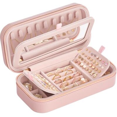 SONGMICS HOME Travel Jewellery Box with Mirror, 10.5 x 20.5 x 6 cm Small Case Organiser, PU Surface with Stitching, Portable, Zippers, Gift Idea, Jelly Pink, ANAH Collection JBC180S01 SONGMICS HOME Travel Jewellery Box with Mirror, 10.5 x 20.5 x 6 cm Small Case Organiser, PU Surface with Stitching, Portable, Zippers, Gift Idea, Jelly Pink, ANAH Collection JBC180S01