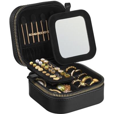 SONGMICS HOME Travel Jewellery Box with Mirror, 10.5 x 10.5 x 6 cm Small Case Organiser, PU Surface with Stitching, Portable, Zippers, Gift Idea, Ink Black, ANAH Collection JBC179B01 SONGMICS HOME Travel Jewellery Box with Mirror, 10.5 x 10.5 x 6 cm Small Case Organiser, PU Surface with Stitching, Portable, Zippers, Gift Idea, Ink Black, ANAH Collection JBC179B01