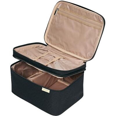 NISHEL Double Layer Travel Toiletry Bag with Strap, Large Cosmetic Organizer Holds Bottles Upright, Top Layer for Brushes, Tweezers and Eyeliners NISHEL Double Layer Travel Toiletry Bag with Strap, Large Cosmetic Organizer Holds Bottles Upright, Top Layer for Brushes, Tweezers and Eyeliners