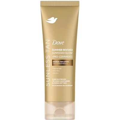 Dove Summer Revived Sunkissed Glow Light to Medium Gradual Tan Lotion body lotion with Pro-Ceramides, Niacinamide, Aloe Vera & Glycerin for 72h visibly moisturised, glowing, soft skin 200 ml Dove Summer Revived Sunkissed Glow Light to Medium Gradual Tan Lotion body lotion with Pro-Ceramides, Niacinamide, Aloe Vera & Glycerin for 72h visibly moisturised, glowing, soft skin 200 ml
