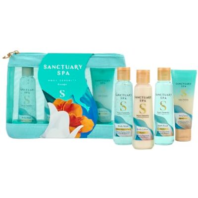 SANCTUARY Spa Aqua Serenity Escape Gift Set for Women, Body Wash, Body Lotion, Bath Float & Body Scrub Travel Bag Collection, Lotus Water & Magnolia Blossom SANCTUARY Spa Aqua Serenity Escape Gift Set for Women, Body Wash, Body Lotion, Bath Float & Body Scrub Travel Bag Collection, Lotus Water & Magnolia Blossom