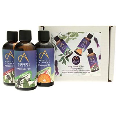 Absolute Aromas Body, Mind & Soul Bath & Massage Oils 3 x 100ml in Glass Bottles De-Stress, Mobility and Relaxation Massage Oils Absolute Aromas Body, Mind & Soul Bath & Massage Oils 3 x 100ml in Glass Bottles De-Stress, Mobility and Relaxation Massage Oils