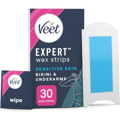Veet Expert Cold Wax Strips, Bikini & Underarms, Sensitive Skin, 30 Wax Strips (3 Finish Wipes with Argan Oil), Soothing with Almond Oil, Removes Shortest Hair from Root, 28 Days Smoothness Veet Expert Cold Wax Strips, Bikini & Underarms, Sensitive Skin, 30 Wax Strips (3 Finish Wipes with Argan Oil), Soothing with Almond Oil, Removes Shortest Hair from Root, 28 Days Smoothness