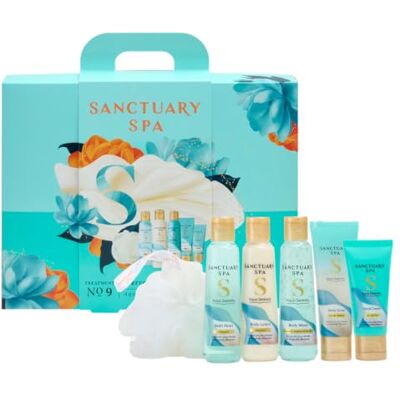SANCTUARY Spa Aqua Serenity Perfect Pamper Parcel Gift Set for Women, Body Wash, Bath Float, Body Scrub, Body Lotion, Hand Cream & Body Puff, Luxury Bath & Body Collection SANCTUARY Spa Aqua Serenity Perfect Pamper Parcel Gift Set for Women, Body Wash, Bath Float, Body Scrub, Body Lotion, Hand Cream & Body Puff, Luxury Bath & Body Collection