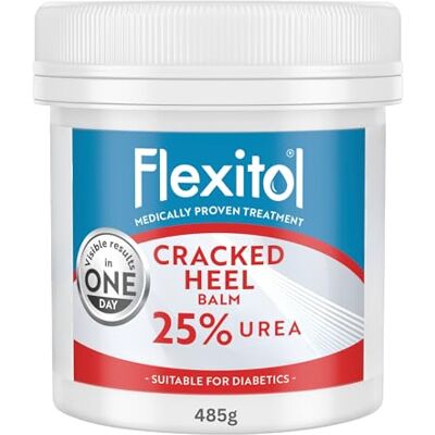 Flexitol Cracked Heel Balm with 25% Urea, Dry Feet Repair, Large 485g Tub Visible results in one day, medically proven foot cream, removes hard skin, diabetic-friendly moisturising care Flexitol Cracked Heel Balm with 25% Urea, Dry Feet Repair, Large 485g Tub Visible results in one day, medically proven foot cream, removes hard skin, diabetic-friendly moisturising care