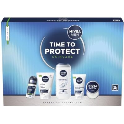 NIVEA MEN TIME TO PROTECT Skincare Gift Set, 5-Piece Collection Sensitive Skin Face & Body Skincare Kit, Soothing Shower Gel, Moisturiser, Derma Anti-Perspirant Roll-On, Face Wash & Creme NIVEA MEN TIME TO PROTECT Skincare Gift Set, 5-Piece Collection Sensitive Skin Face & Body Skincare Kit, Soothing Shower Gel, Moisturiser, Derma Anti-Perspirant Roll-On, Face Wash & Creme