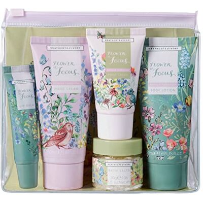 Heathcote & Ivory Hand Cream, Body Lotion 50ml, Foot Cream 30ml, Bath Salts 30g, Lip Balm 10ml, Shea Butter, Essential Oils, Reusable Bag, Travel Size, Vegan and Cruelty Friendly, Gift For Her Heathcote & Ivory Hand Cream, Body Lotion 50ml, Foot Cream 30ml, Bath Salts 30g, Lip Balm 10ml, Shea Butter, Essential Oils, Reusable Bag, Travel Size, Vegan and Cruelty Friendly, Gift For Her