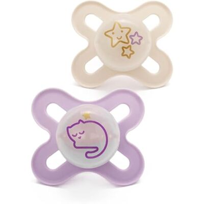 MAM Glow-in-the-Dark Dummies, 0-2M, 2 Pack, Orthodontic Design, Pink MAM Glow-in-the-Dark Dummies, 0-2M, 2 Pack, Orthodontic Design, Pink