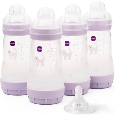 MAM Easy Start Anti-Colic Baby Bottles 4 Pack (4X 260ml) Self-Sterilising Baby Milk Bottle Medium Flow Teats Size 2 + 1x Fast Flow Teat Size 3 Iris (Various Designs) MAM Easy Start Anti-Colic Baby Bottles 4 Pack (4X 260ml) Self-Sterilising Baby Milk Bottle Medium Flow Teats Size 2 + 1x Fast Flow Teat Size 3 Iris (Various Designs)