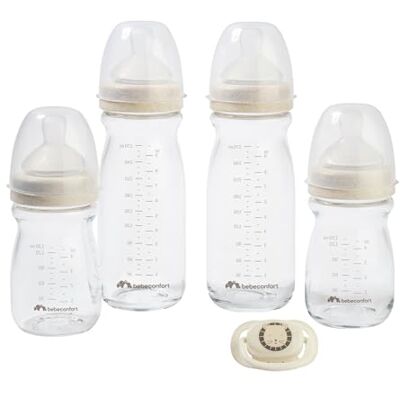 Bebeconfort Physio Air Care Glass Bottle Kit, Anti-Colic Glass Baby Bottles, Newborn Essentials, 0+ Months, Includes 4 Feeding Bottles and a Soother, Physiological Shaped Soother and Silicone Teats Bebeconfort Physio Air Care Glass Bottle Kit, Anti-Colic Glass Baby Bottles, Newborn Essentials, 0+ Months, Includes 4 Feeding Bottles and a Soother, Physiological Shaped Soother and Silicone Teats