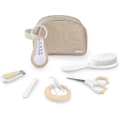 Béaba Nomad Baby Toiletry Bag – 7 Essential Accessories from Birth – Thermometer, Nail Clippers, Scissors, Brush, Teething Ring – Compact Size with Compartments – Clay Colour Béaba Nomad Baby Toiletry Bag – 7 Essential Accessories from Birth – Thermometer, Nail Clippers, Scissors, Brush, Teething Ring – Compact Size with Compartments – Clay Colour
