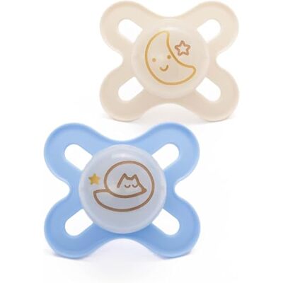MAM Glow-in-the-Dark Dummies, 0-2M, 2 Pack, Orthodontic Design, Blue MAM Glow-in-the-Dark Dummies, 0-2M, 2 Pack, Orthodontic Design, Blue