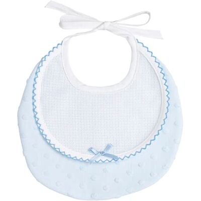 FILET Round bib made of soft fabric with 3D effect with aida insert for embroidery, closure with flaps, made in Italy, colour: light blue FILET Round bib made of soft fabric with 3D effect with aida insert for embroidery, closure with flaps, made in Italy, colour: light blue
