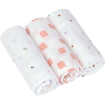 Lässig Set of 3 Cotton Muslin Bibs 85 x 85 cm/Swaddle & Burp Blanket L Happy Fruits Peach Lässig Set of 3 Cotton Muslin Bibs 85 x 85 cm/Swaddle & Burp Blanket L Happy Fruits Peach