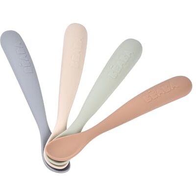 Béaba Set of 4 Silicone Spoons for Baby/Infant Early Age – from 4 Months, Soft Rounded Tip, Long Ergonomic Handle, Non-Stick Silicone, Dust-Resistant Finish – Natural Béaba Set of 4 Silicone Spoons for Baby/Infant Early Age – from 4 Months, Soft Rounded Tip, Long Ergonomic Handle, Non-Stick Silicone, Dust-Resistant Finish – Natural