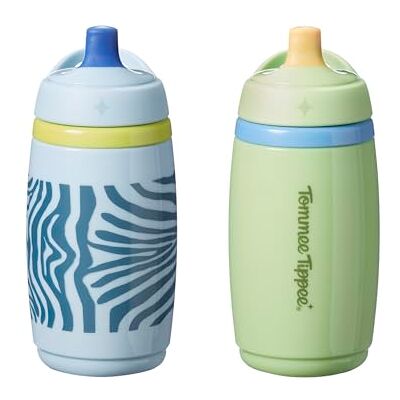 Tommee Tippee Insulated Active Spout Toddler Sippy Cup, 266ml, 12m+, Pack of 2, Leak-Proof Children's Water Bottle with Handle in Fun Colours and Animal Print, Green & Blue Tommee Tippee Insulated Active Spout Toddler Sippy Cup, 266ml, 12m+, Pack of 2, Leak-Proof Children's Water Bottle with Handle in Fun Colours and Animal Print, Green & Blue