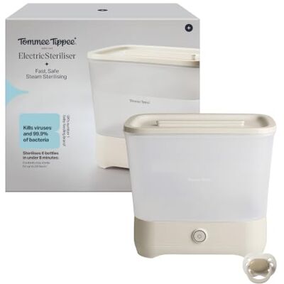 Tommee Tippee Electric Steam Steriliser for Baby Bottles, White Newborn essential; natural steam; fits 6 bottles; includes 0-6m dummy; 24-hour sterile storage; auto-off; anti-scale alert Tommee Tippee Electric Steam Steriliser for Baby Bottles, White Newborn essential; natural steam; fits 6 bottles; includes 0-6m dummy; 24-hour sterile storage; auto-off; anti-scale alert