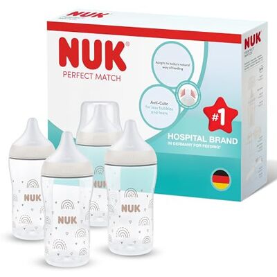 NUK Perfect Match Baby Bottle 3+ Months 260ml Anti Colic Feeding Bottle PP Temperature Control Indicator Rainbow 4 Count NUK Perfect Match Baby Bottle 3+ Months 260ml Anti Colic Feeding Bottle PP Temperature Control Indicator Rainbow 4 Count