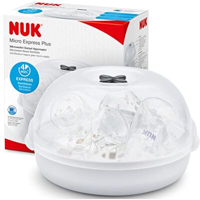 NUK Micro Express Plus Microwave Bottle Steriliser Sterilises up to 4 Baby Bottles & Accessories in 4 Minutes Fits Most Microwaves Tongs for Hygienic Removal NUK Micro Express Plus Microwave Bottle Steriliser Sterilises up to 4 Baby Bottles & Accessories in 4 Minutes Fits Most Microwaves Tongs for Hygienic Removal