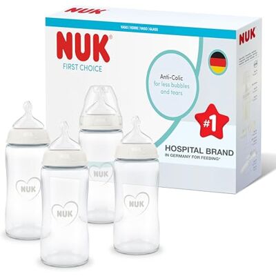 NUK First Choice Baby Bottles 3+ Months 240ml Anti Colic Feeding Bottle Glass Temperature Control Indicator Rainbow 4 Count NUK First Choice Baby Bottles 3+ Months 240ml Anti Colic Feeding Bottle Glass Temperature Control Indicator Rainbow 4 Count