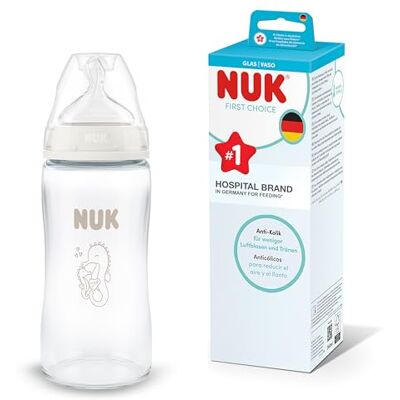 NUK First Choice Baby Bottle 3+ Months 240ml Anti Colic Feeding Bottle Glass Temperature Control Indicator Seahorse 1 Count NUK First Choice Baby Bottle 3+ Months 240ml Anti Colic Feeding Bottle Glass Temperature Control Indicator Seahorse 1 Count