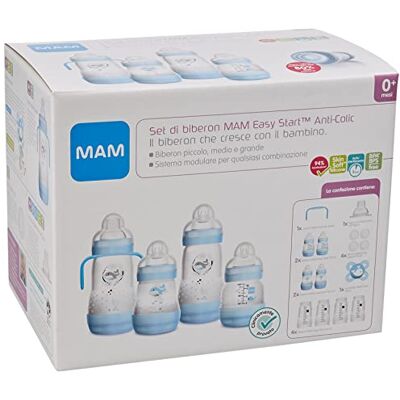 MAM Easy Start Anti-Colic Baby Bottle, 8 Bottles in 130 ml, 160 ml and 260 ml Sizes, 1 Start Nano, 4 Sealant Discs, 1 Extra Soft Grip Spout, Assorted Colour, 7-30 g MAM Easy Start Anti-Colic Baby Bottle, 8 Bottles in 130 ml, 160 ml and 260 ml Sizes, 1 Start Nano, 4 Sealant Discs, 1 Extra Soft Grip Spout, Assorted Colour, 7-30 g