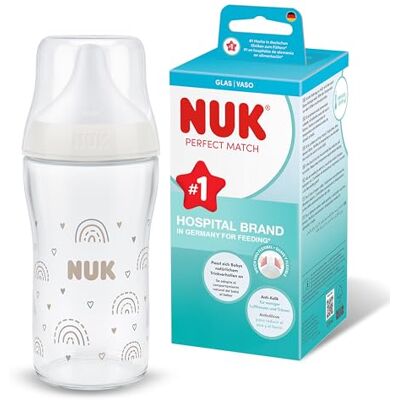 NUK Perfect Match Glass Baby Bottle 3+ Months 230ml Anti Colic Feeding Bottle Temperature Control Indicator Rainbow 1 Count NUK Perfect Match Glass Baby Bottle 3+ Months 230ml Anti Colic Feeding Bottle Temperature Control Indicator Rainbow 1 Count
