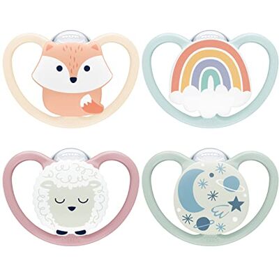 NUK Space Day & Night Baby Dummy 0-6 Months Glow-in-the-Dark Soothers with Extra Ventilation for Sensitive Skin BPA-Free Silicone Fox & Sheep 4 Count NUK Space Day & Night Baby Dummy 0-6 Months Glow-in-the-Dark Soothers with Extra Ventilation for Sensitive Skin BPA-Free Silicone Fox & Sheep 4 Count