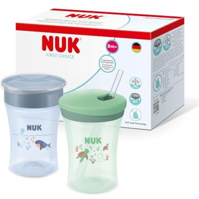 NUK First Choice Learn to Drink Set Magic Cup & Straw Cup 230ml Toddler Bottles Blue Whale & Green Turtle 2 Count NUK First Choice Learn to Drink Set Magic Cup & Straw Cup 230ml Toddler Bottles Blue Whale & Green Turtle 2 Count