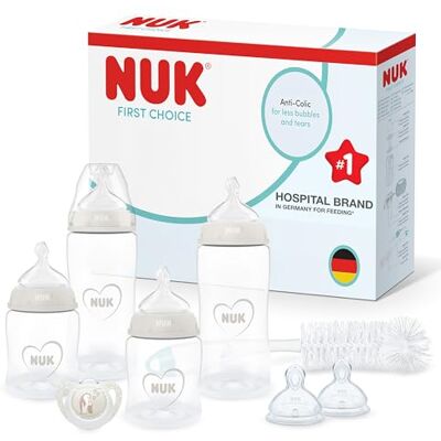 NUK First Choice Perfect Start Newborn Essentials Baby Bottles Set 0-6 Months 4 x Anti-Colic Feeding Bottles (150ml, 300ml), 2 x Teats, 1 x Dummy, 1 x Bottle Brush Neutral 8 Count NUK First Choice Perfect Start Newborn Essentials Baby Bottles Set 0-6 Months 4 x Anti-Colic Feeding Bottles (150ml, 300ml), 2 x Teats, 1 x Dummy, 1 x Bottle Brush Neutral 8 Count