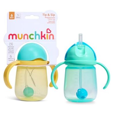 Munchkin Tip and Sip Baby Cup 2 Pack 6m+ Weighted Straw Blue/Yellow Munchkin Tip and Sip Baby Cup 2 Pack 6m+ Weighted Straw Blue/Yellow