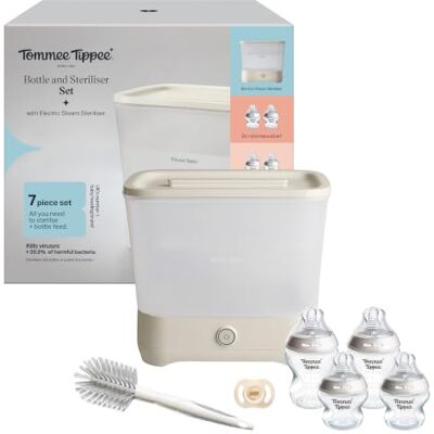 Tommee Tippee Bottle Steriliser Set, White Electric Steriliser & 4 Bottles Newborn essential; 2x 150ml & 2x 260ml baby bottles; baby dummy; brush; natural steam; 24-hour sterile storage; auto shut-off Tommee Tippee Bottle Steriliser Set, White Electric Steriliser & 4 Bottles Newborn essential; 2x 150ml & 2x 260ml baby bottles; baby dummy; brush; natural steam; 24-hour sterile storage; auto shut-off