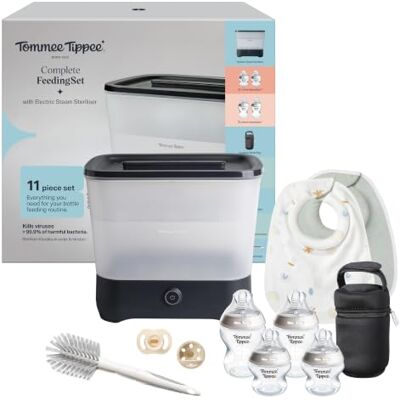 Tommee Tippee Complete Feeding Set, Electric Steriliser & Baby Bottles Newborn essential; 4 Natural Start bottles; 2 dummies; insulated bottle bag; feeding bib; bottle & teat brush; natural steam Tommee Tippee Complete Feeding Set, Electric Steriliser & Baby Bottles Newborn essential; 4 Natural Start bottles; 2 dummies; insulated bottle bag; feeding bib; bottle & teat brush; natural steam