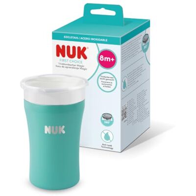 NUK Magic Cup Stainless Steel Sippy Cup 8+ Months 230ml 360° Anti-Spill Rim Toddler Bottle Teal 1 Count NUK Magic Cup Stainless Steel Sippy Cup 8+ Months 230ml 360° Anti-Spill Rim Toddler Bottle Teal 1 Count