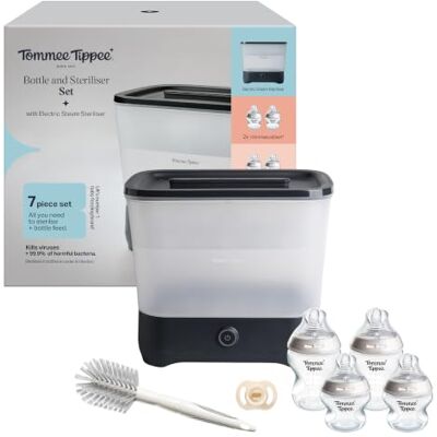 Tommee Tippee Bottle Steriliser Set, Black Electric Steriliser & 4 Bottles Newborn essential; 2x 150ml & 2x 260ml baby bottles; baby dummy; brush; natural steam; 24-hour sterile storage; auto shut-off Tommee Tippee Bottle Steriliser Set, Black Electric Steriliser & 4 Bottles Newborn essential; 2x 150ml & 2x 260ml baby bottles; baby dummy; brush; natural steam; 24-hour sterile storage; auto shut-off