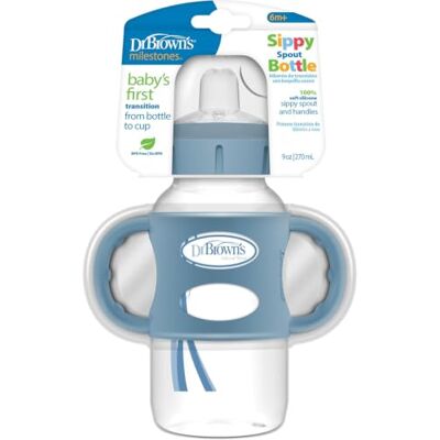 Dr. Brown's Milestones Wide-Neck Sippy Bottle with 100 Percent Silicone Handles, Easy-Grip Bottle with Soft Sippy Spout, 9oz/270ml, 6m+, Light Blue, 1-Pack, BPA Free Dr. Brown's Milestones Wide-Neck Sippy Bottle with 100 Percent Silicone Handles, Easy-Grip Bottle with Soft Sippy Spout, 9oz/270ml, 6m+, Light Blue, 1-Pack, BPA Free