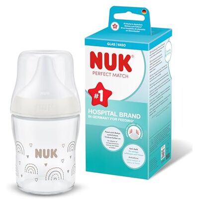 NUK Perfect Match Glass Baby Bottle 0+ Months 120ml Anti Colic Feeding Bottle Temperature Control Indicator Rainbow 1 Count NUK Perfect Match Glass Baby Bottle 0+ Months 120ml Anti Colic Feeding Bottle Temperature Control Indicator Rainbow 1 Count