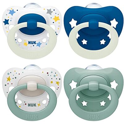 NUK Signature Day & Night Baby Dummy 0-6 months Soothes 95% of Babies Heart-Shaped Silicone Soothers Glow-in-the-Dark Stars 4 Count NUK Signature Day & Night Baby Dummy 0-6 months Soothes 95% of Babies Heart-Shaped Silicone Soothers Glow-in-the-Dark Stars 4 Count