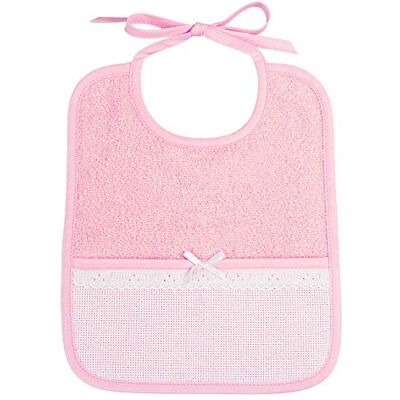 FILET Rectangular Bib with Pocket in Aida to Embroider, Made of Pink Coloured Cotton Towel, Sangallo Lace Details, Ideal for Babies, Made in Italy, Pink FILET Rectangular Bib with Pocket in Aida to Embroider, Made of Pink Coloured Cotton Towel, Sangallo Lace Details, Ideal for Babies, Made in Italy, Pink