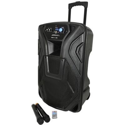 QTX Busker 15 Portable PA System with Wireless Microphones & Remote Control Bluetooth Trolley Speaker, Battery-Powered Loudspeaker for Karaoke, Outdoor Events, Mobile DJs & Party Entertainment QTX Busker 15 Portable PA System with Wireless Microphones & Remote Control Bluetooth Trolley Speaker, Battery-Powered Loudspeaker for Karaoke, Outdoor Events, Mobile DJs & Party Entertainment