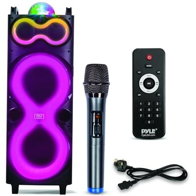 Pyle Portable PA System – 240W Bluetooth Karaoke Speaker with Dual 10" Woofers, Rechargeable Battery & Wireless Mic Indoor/Outdoor Audio for Karaoke, Events, Fitness, Street Performers & Parties Pyle Portable PA System – 240W Bluetooth Karaoke Speaker with Dual 10" Woofers, Rechargeable Battery & Wireless Mic Indoor/Outdoor Audio for Karaoke, Events, Fitness, Street Performers & Parties