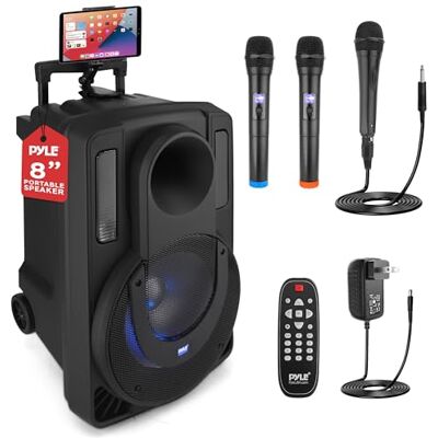 Pyle PA System Party Speaker 8 Inch Bluetooth Speaker 280W with 2 Wireless Microphones and Wired Microphone, Karaoke Speaker with Tablet Stand, LED Lights, Portable Rechargeable Battery Pyle PA System Party Speaker 8 Inch Bluetooth Speaker 280W with 2 Wireless Microphones and Wired Microphone, Karaoke Speaker with Tablet Stand, LED Lights, Portable Rechargeable Battery