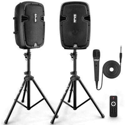 Pyle Powered Bluetooth PA Speaker Kit, Active and Passive 350W Loudspeakers with Wired Microphone, Speaker Stands, Remote Control, Portable Karaoke Machine with Bluetooth Microphone for Singing Pyle Powered Bluetooth PA Speaker Kit, Active and Passive 350W Loudspeakers with Wired Microphone, Speaker Stands, Remote Control, Portable Karaoke Machine with Bluetooth Microphone for Singing