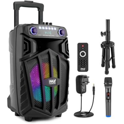 Pyle PA System Party Speaker 10 Inch Bluetooth Speaker 680W with Wireless Microphone, Portable Karaoke Speaker with LED Lights, Rechargeable Battery and Wheels Pyle PA System Party Speaker 10 Inch Bluetooth Speaker 680W with Wireless Microphone, Portable Karaoke Speaker with LED Lights, Rechargeable Battery and Wheels