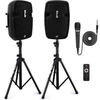 Pyle Powered Bluetooth PA Speaker Kit, Active and Passive 350W Loudspeakers with Wired Microphone, Speaker Stands, Remote Control, Portable Karaoke Machine with Bluetooth Microphone for Singing Pyle Powered Bluetooth PA Speaker Kit, Active and Passive 350W Loudspeakers with Wired Microphone, Speaker Stands, Remote Control, Portable Karaoke Machine with Bluetooth Microphone for Singing