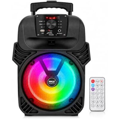 Pyle Portable Bluetooth PA Speaker 400W – 8 Inch Subwoofer, Rechargeable Party Speaker with LED Lights, Mic Input, USB MP3 FM Radio, Remote Control for Karaoke Events and Outdoor Use Pyle Portable Bluetooth PA Speaker 400W – 8 Inch Subwoofer, Rechargeable Party Speaker with LED Lights, Mic Input, USB MP3 FM Radio, Remote Control for Karaoke Events and Outdoor Use
