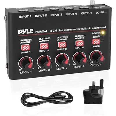 Pyle Mini Audio Mixer – 4 Channel Bluetooth USB Sound Console for Microphone, Music & Karaoke, Compact Design, High Relevance for Podcasting & Home Studio, Plug & Play Setup Pyle Mini Audio Mixer – 4 Channel Bluetooth USB Sound Console for Microphone, Music & Karaoke, Compact Design, High Relevance for Podcasting & Home Studio, Plug & Play Setup