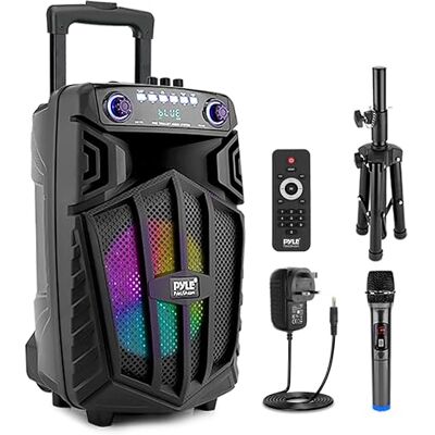 Pyle PA System Party Speaker 12 Inch Bluetooth Speaker 880W with Wireless Microphone, Karaoke Speaker with LED Lights, Portable Rechargeable Battery and Wheels Pyle PA System Party Speaker 12 Inch Bluetooth Speaker 880W with Wireless Microphone, Karaoke Speaker with LED Lights, Portable Rechargeable Battery and Wheels