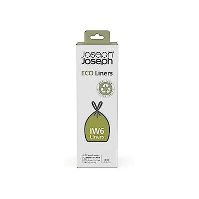 Joseph Joseph IW6 Eco Recycled plastic Bin Liners, Kitchen Waste Bags With Tie Tape Drawstring Handles, Extra Strong – Pack of 20, Holds 30 Litres, Grey Joseph Joseph IW6 Eco Recycled plastic Bin Liners, Kitchen Waste Bags With Tie Tape Drawstring Handles, Extra Strong – Pack of 20, Holds 30 Litres, Grey