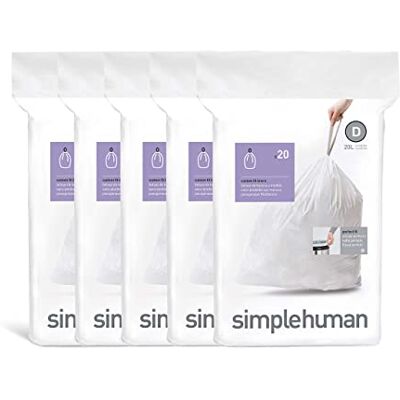 simplehuman Code D 100 Liners, 50% Recycled Custom Fit Bin Bags in Dispenser Packs, Durable Drawstring Tie Handle, 20L, White simplehuman Code D 100 Liners, 50% Recycled Custom Fit Bin Bags in Dispenser Packs, Durable Drawstring Tie Handle, 20L, White